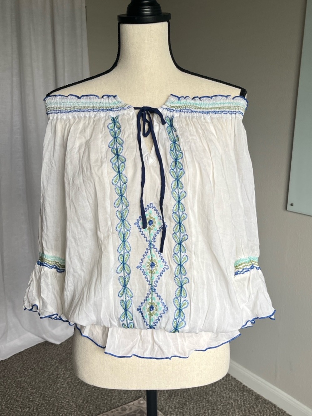 Poupette St Barth Off Shoulder Embroidered Peasant Blouse White Blue Boho Size L